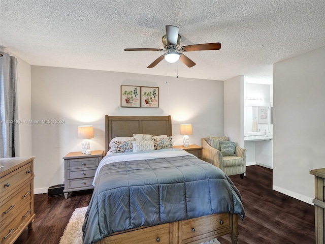 bedroom with a textured ceiling, ceiling fan, and dark hardwood / wood-style floors