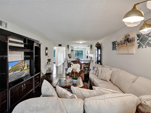 living room featuring a textured ceiling and dark wood-type flooring