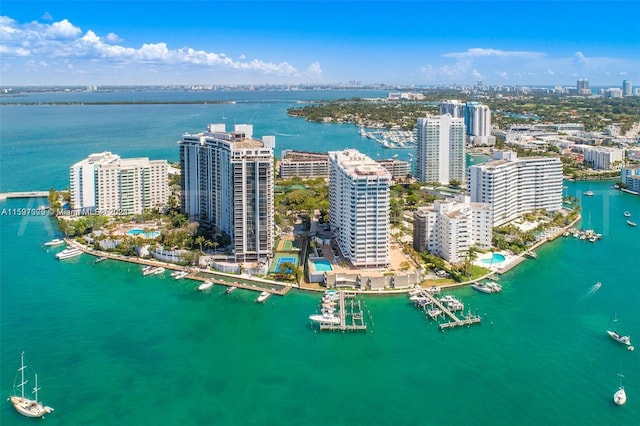 drone / aerial view with a water view