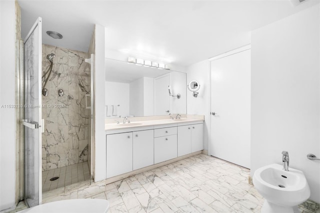 bathroom with double sink vanity, a bidet, walk in shower, and tile floors