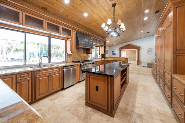 kitchen with sink, a kitchen island, wood ceiling, stainless steel appliances, and premium range hood