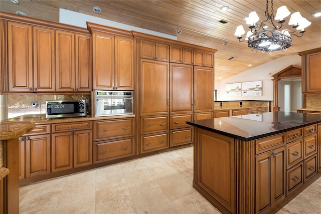 kitchen featuring hanging light fixtures, lofted ceiling, an inviting chandelier, stainless steel appliances, and wood ceiling