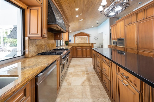 kitchen featuring light stone counters, wood ceiling, appliances with stainless steel finishes, premium range hood, and tasteful backsplash