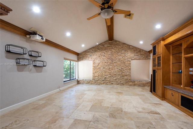 unfurnished living room with lofted ceiling with beams, light tile flooring, and ceiling fan