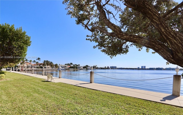 dock area featuring a lawn and a water view