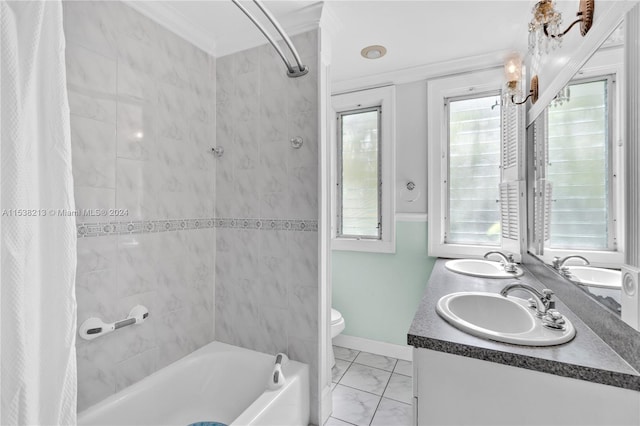 full bathroom with shower / bath combo with shower curtain, vanity, ornamental molding, and toilet