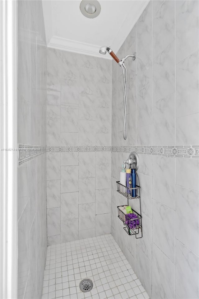 bathroom featuring tiled shower and ornamental molding