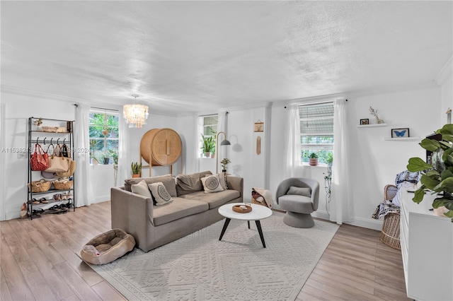 living room with a wealth of natural light, light hardwood / wood-style flooring, and an inviting chandelier