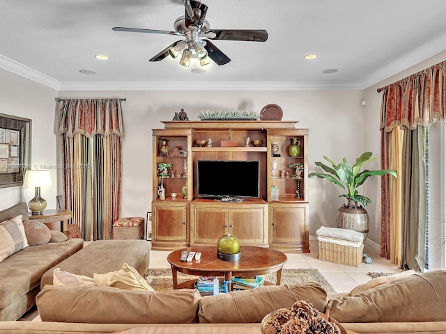 living area with baseboards, ceiling fan, light tile patterned flooring, crown molding, and recessed lighting