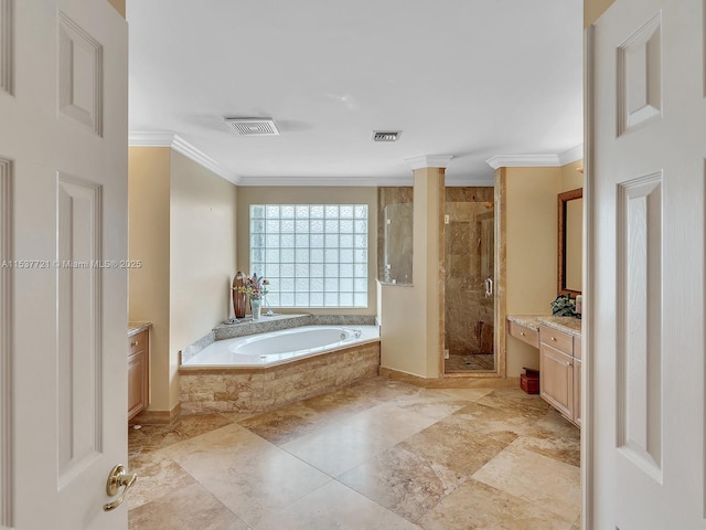 full bath featuring visible vents, ornamental molding, a bath, and vanity