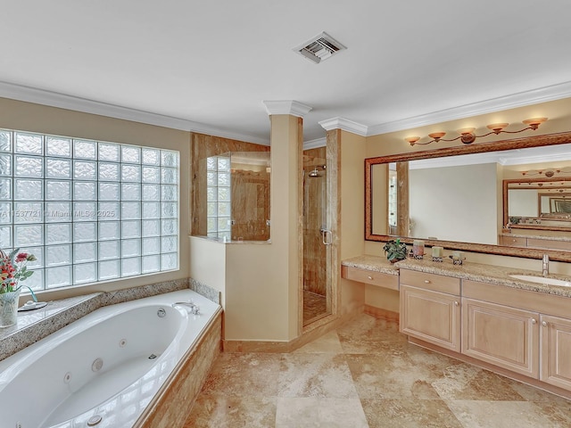 bathroom featuring visible vents, ornamental molding, a whirlpool tub, ornate columns, and a shower stall