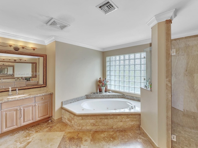 full bath with ornamental molding, a shower stall, and visible vents