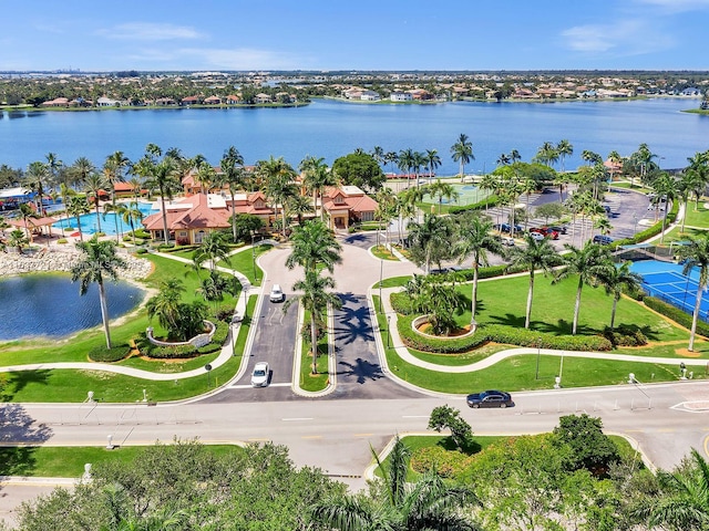 aerial view featuring a water view