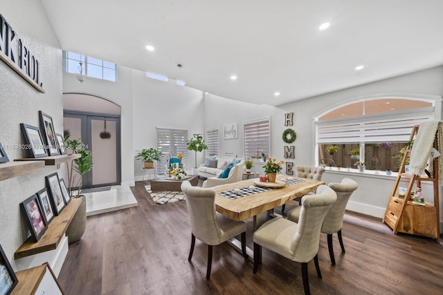 dining room with a high ceiling, french doors, dark wood-type flooring, and a wealth of natural light