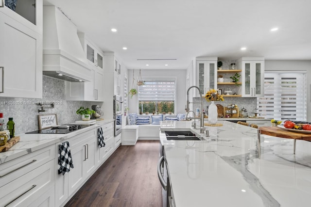 kitchen featuring premium range hood, light stone countertops, dark wood-type flooring, and white cabinetry