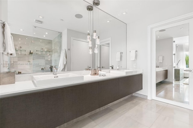 bathroom featuring separate shower and tub, double vanity, and tile floors