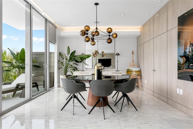 tiled dining area with a wall of windows and a notable chandelier