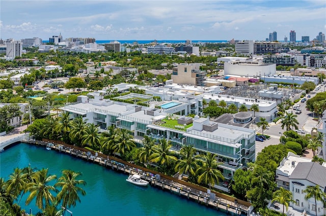 bird's eye view with a water view