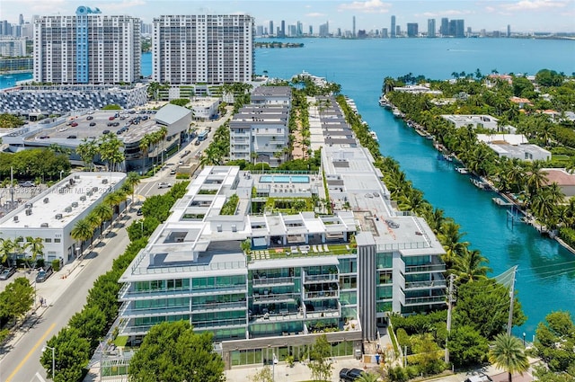 aerial view featuring a water view