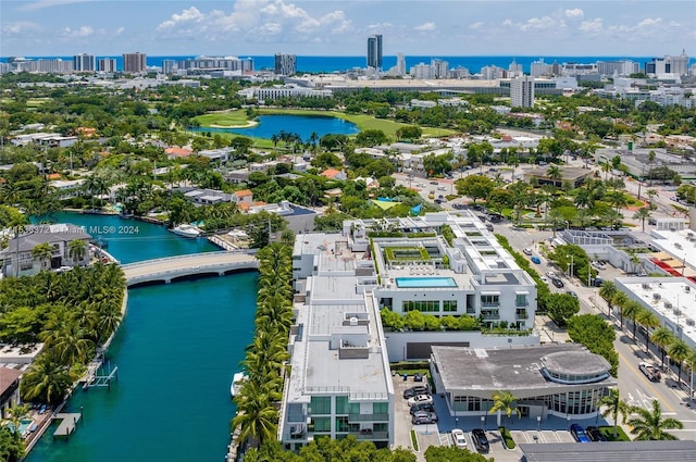 drone / aerial view featuring a water view