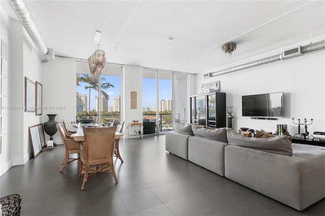 tiled living room with expansive windows