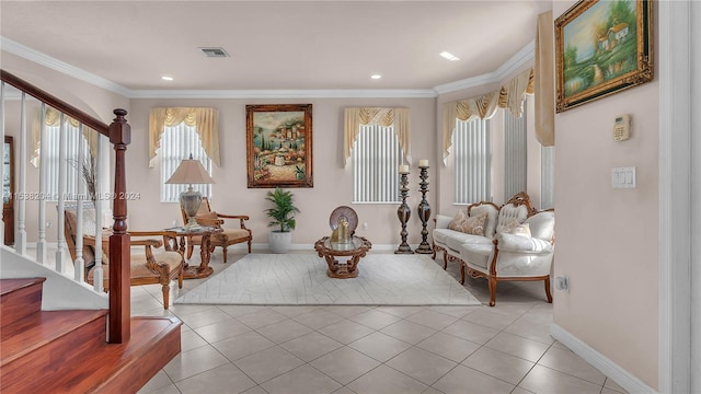 tiled living room featuring ornamental molding