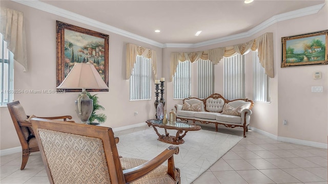 living room featuring light tile floors and crown molding