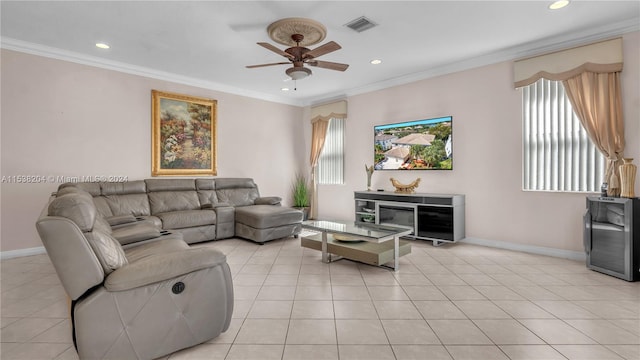 tiled living room featuring crown molding, ceiling fan, and beverage cooler