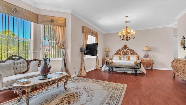 living room with ornamental molding, dark hardwood / wood-style flooring, and an inviting chandelier