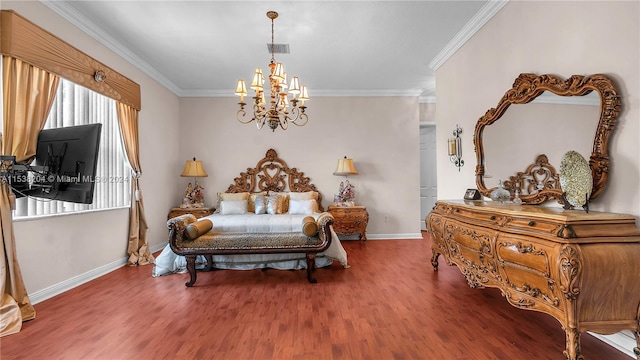 bedroom featuring an inviting chandelier, crown molding, and dark wood-type flooring