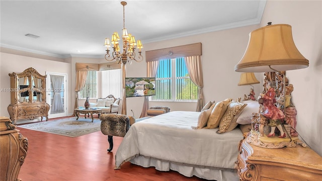 bedroom featuring a notable chandelier, multiple windows, ornamental molding, and dark wood-type flooring