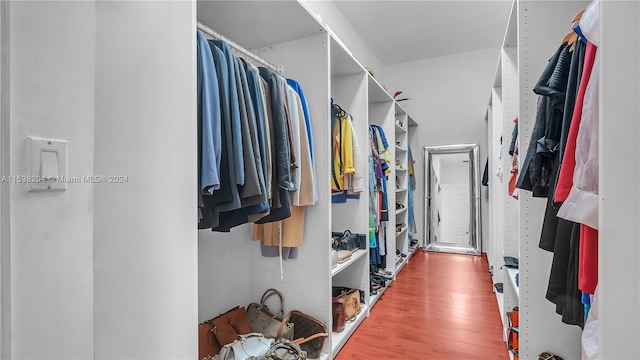 walk in closet with light hardwood / wood-style flooring