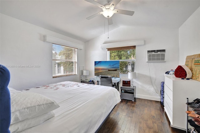 bedroom featuring lofted ceiling, ceiling fan, dark hardwood / wood-style flooring, and a wall unit AC