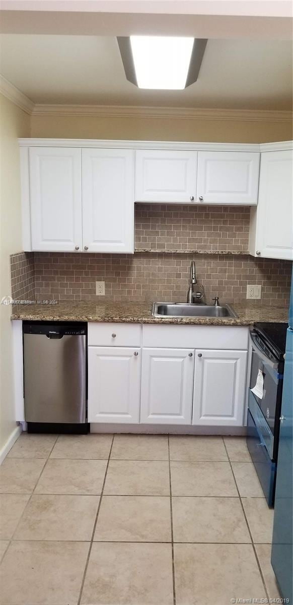 kitchen featuring white cabinetry, tasteful backsplash, sink, and dishwasher