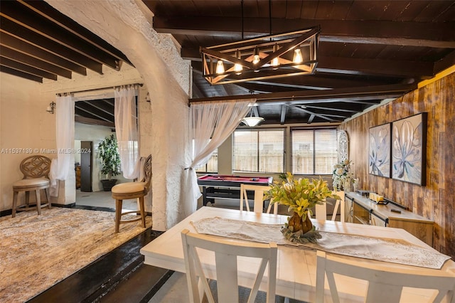 dining space featuring wood ceiling, lofted ceiling with beams, and wooden walls