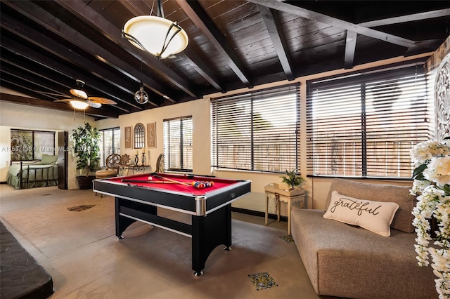 game room featuring wood ceiling, vaulted ceiling with beams, billiards, and ceiling fan