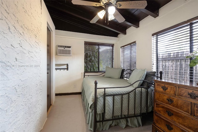 bedroom featuring ceiling fan, lofted ceiling with beams, wood ceiling, and a wall mounted air conditioner