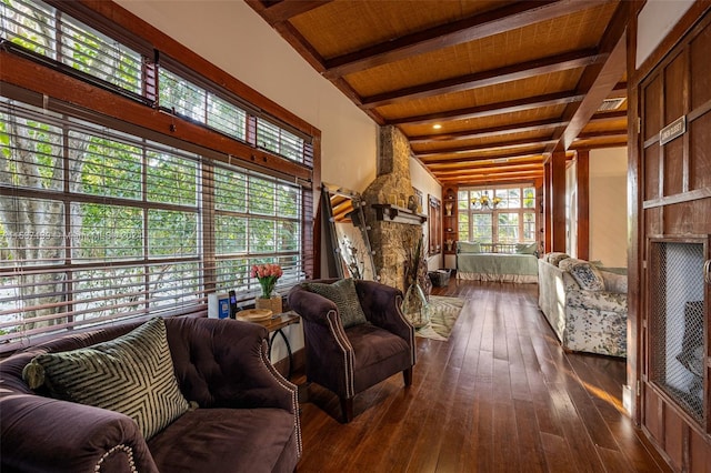 living area featuring beamed ceiling, wooden ceiling, and dark hardwood / wood-style floors