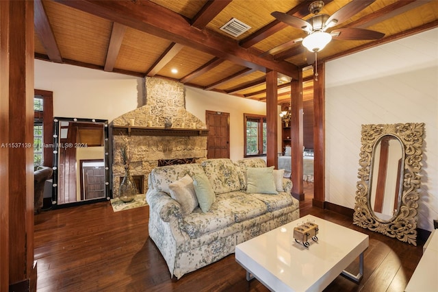 living room with wood ceiling, beam ceiling, ceiling fan, dark hardwood / wood-style flooring, and a stone fireplace