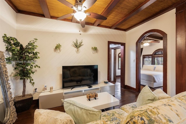 living room with wood ceiling, beamed ceiling, and dark hardwood / wood-style floors