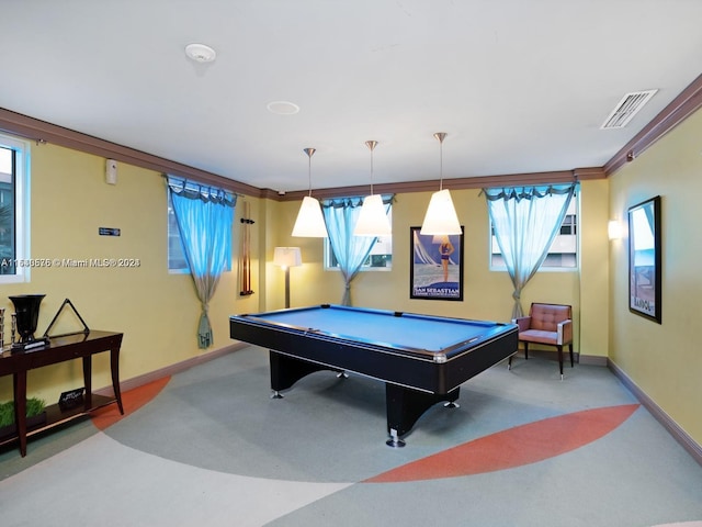 rec room featuring crown molding and pool table