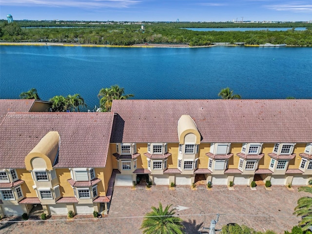 drone / aerial view with a water view