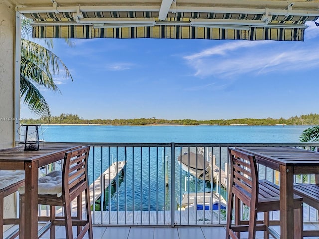 dock area featuring a balcony and a water view