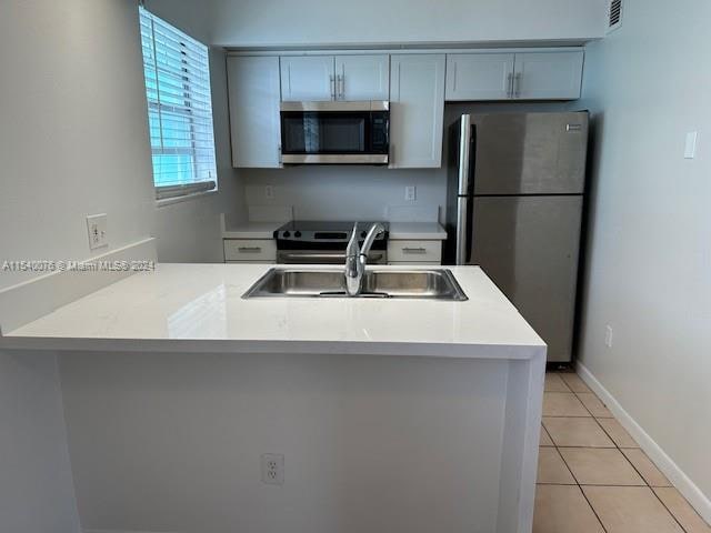 2626 SE 20th Ct Unit 206-B, Homestead, FL 33035 - kitchen featuring appliances with stainless steel finishes, light tile patterned flooring, sink, and kitchen peninsula