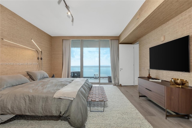 bedroom with rail lighting, light hardwood / wood-style floors, access to exterior, and a water view