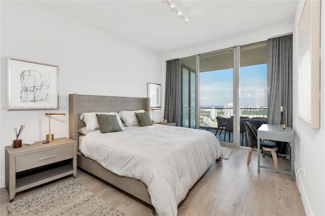 bedroom featuring light hardwood / wood-style floors, access to outside, and rail lighting