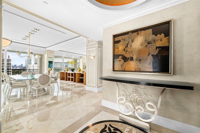 interior space with light tile flooring, a chandelier, and crown molding