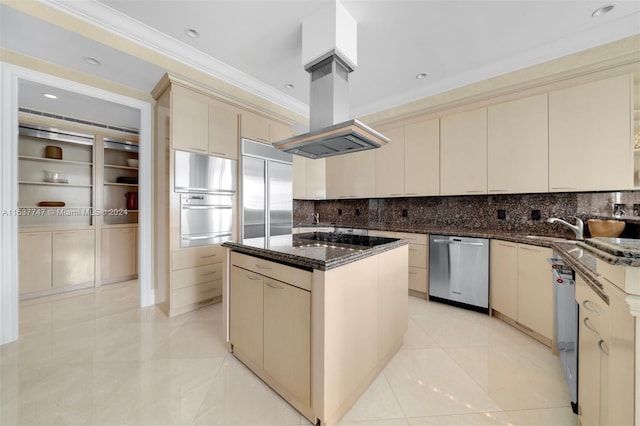 kitchen featuring island exhaust hood, a kitchen island, appliances with stainless steel finishes, backsplash, and light tile flooring