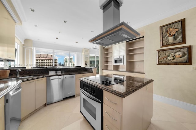 kitchen with island range hood, a center island, light tile flooring, dark stone counters, and appliances with stainless steel finishes