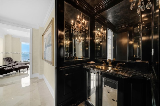 bar with coffered ceiling, light tile flooring, dark stone counters, ornamental molding, and sink